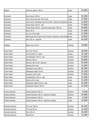 Bvlgari            Voile de Jasmin 100 ml                                   mujer      29.400
                                                                                          -
Cacharel           Amor Amor 100 ml                                         mujer      43.400
Cacharel           Amor Amor Sunrise 100 ml edt                             mujer      37.800
Cacharel           Amor Amor Forbidden kiss 50 ml edt - estuche (miniatura+colgante)
                                                                            mujer      33.600
Cacharel           Anais Anais 100 ml - edt                                 mujer      37.800
Cacharel           Anais Anais 100 ml - estuche (body lotion 100 ml)        mujer      44.800
Cacharel           Eden 30 ml                                               mujer      21.000
Cacharel           Lou Lou 30 ml edp                                        mujer      21.000
Cacharel           Miniaturas 26 ml (amor amor,anais, noa,loulou, amor forbidden)
                                                                             mujer     16.660
Cacharel           Noa 100 ml - estuche                                     mujer      44.240
                                                                                          -
Cadillac           Black men 100 ml                                         hombre     16.800
                                                                                          -
Calvin Klein       Ck in 2U 150 ml                                          hombre     28.000
Calvin Klein       Ck One 200 ml - tester                                   unisex     24.500
Calvin Klein       Contradiction 100 ml - edt                               hombre     21.000
Calvin Klein       Eternity 100 ml                                          hombre     30.800
Calvin Klein       Eternity 100 ml edt - estuche                            hombre     39.900
Calvin Klein       Eternity 30 ml edt                                       hombre     15.400
Calvin Klein       Obsession men 200 ml                                     hombre     46.900
Calvin Klein       Obsession Night 125 ml                                   hombre     25.200
Calvin Klein       Euphoria 100 ml edt                                      hombre     32.900
Calvin Klein       Contradiction 100 ml - edp                               mujer      21.000
Calvin Klein       Eternity 30 ml edp                                       mujer      15.400
Calvin Klein       Obsession Night 100 ml - edp                             mujer      26.600
Calvin Klein       Obsession Secret 100 ml                                  mujer      22.400
                                                                                          -
Carlos Santana     Carlos Santana 100 ml                                    hombre      8.260
Carlos Santana     Carlos Santana 100 ml - estuche 2 piezas                 hombre     14.000
Carlos Santana     Carlos Santana 100 ml                                    mujer       8.260
Carlos Santana     Carlos Santana 100 ml - estuche 2 piezas                 mujer      14.000
                                                                                          -
Carolina Herrera   212 men 100 ml                                           hombre     46.200
Carolina Herrera   212 men 50 ml                                            hombre     32.200
Carolina Herrera   Chic 100 ml                                              hombre     36.400
Carolina Herrera   Chic 60 ml                                               hombre     21.000
 