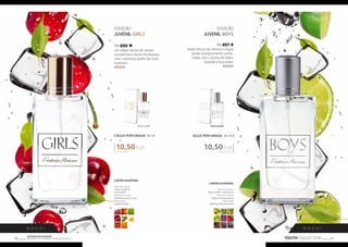 ÁGUA PERFUMADA 30 ml 
10,50 EUR 
ÁGUA PERFUMADA 30 ml 
10,50 EUR 
YOUTH COLLECTION 45 Os produtos FM GROUP 
são produtos o 44 riginais da FM GOPRU WORLD 
COLEÇÃO 
JUVENIL GIRLS 
FM 600 
Um alegre aroma de cerejas 
sumarentas e doces framboesas 
num misterioso jardim de rosas 
e jasmins. 
NOVO! 
350,00 EUR/1 l 
N O V O ! 
NOTAS OLFATIVAS: 
Notas de cabeça: 
cereja, tangerina, 
notas verdes 
Notas de coração: 
framboesa, jasmin, rosa 
Notas base: 
sândalo, âmbar 
350,00 EUR/1 l 
N O V O ! 
COLEÇÃO 
JUVENIL BOYS 
FM 601 
Notas frescas de citrinos e maçãs 
ácidas energicamente combi-nadas 
com o aroma de cedro, 
lavanda e fava tonka. 
NOVO! 
NOTAS OLFATIVAS: 
Notas de cabeça: 
limão, zimbro, cardamomo 
Notas de coração: 
maçã, lavanda, gerânio 
Notas base: 
cedro, baunilha, fava tonka 
 