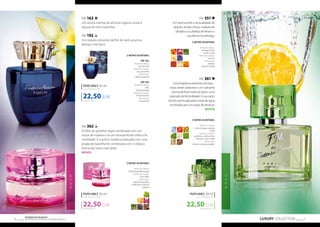 FM 351 
Um aroma entre a sensualidade do 
absinto, âmbar cinza e madeira de 
sândalo e a subtileza de frésia e a 
suculência do pêssego. 
NOTAS OLFATIVAS: 
Notas de cabeça: 
pêssego, frésia, 
absinto verde 
Notas de coração: 
rosa, íris 
Notas base: 
sândalo, 
almíscar, âmbar 
NOTAS OLFATIVAS: 
Notas de cabeça: 
notas de água, toranja, 
limão 
Notas de coração: 
gardénia, ervilhas, flores 
brancas, notas verdes 
Notas base: 
almíscar, notas de madeira 
PERFUMES 50 ml 
concentração 20% 
22,50 EUR 
FM 162 
Um aroma oriental de almíscar egípcio unido à 
doçura do mel e baunilha 
FM 192 
Uns toques cativantes de flor de tiaré, açucena, 
laranja e mel doce 
PERFUMES 50 ml 
concentração 20% 
22,50 EUR 
450,00 EUR/1 l 
PERFUMES 50 ml 
concentração 20% 
22,50 EUR 
NOTAS OLFATIVAS: 
FM 162: 
Notas de cabeça: 
mel de flores 
Notas de coração: 
rosa, baunilha 
Notas base: 
almíscar, patchuli 
FM 192: 
Notas de cabeça: 
pêra, 
flores de laranja 
Notas de coração: 
flor de tiaré, lírio 
Notas base: 
mel, patchuli 
LUXURY COLLECTION 7 Os produtos FM GROUP 
são produtos o 6 riginais da FM GOPRU WORLD 
N O V O 
FM 361 
Uma fragrância bastante otimista – 
notas verdes radiantes e um cativante 
aroma de flores brancas fazem uma 
explosão de feminilidade. A sua subti-leza 
foi acentuada pelas notas de água 
envolvidas por um toque de almíscar. 
NOVO! 
450,00 EUR/1 l 
FM 362 
A folha de groselha negra combinada com um 
toque de madeira cria um sensual étude sobre a fe-minilidade. 
A sua face moderna adoçada com uma 
pitada de baunilha foi combinada com o clássico 
aroma das rosas mais belas. 
NOVO! 
450,00 EUR/1 l 
NOTAS OLFATIVAS: 
Notas de cabeça: 
folha de groselha negra 
Notas de coração: 
rosa, frésia 
Notas base: 
patchuli, baunilha, 
ambroksan, notas de 
madeira 
N O V O 
 