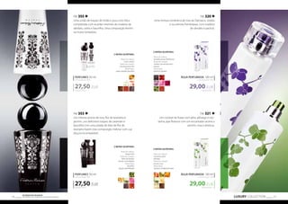 FM 355 
Uma união de toques de limão e yuzu com lótus 
completada com acordes orientais de madeira de 
sândalo, cedro e baunilha. Uma composição femini-na 
muito tentadora. 
PERFUMES 50 ml 
concentração 20% 
27,50 EUR 
550,00 EUR/1 l 
NOTAS OLFATIVAS: 
Notas de cabeça: 
notas cítricas 
Notas de coração: 
: chá de jasmin, lírio 
Notas base: 
cedro, sândalo, baunilha 
PERFUMES 50 ml 
concentração 20% 
27,50 EUR 
FM 320 
Uma mistura romântica de rosa de Damasco, violeta 
e suculentas framboesas, com madeira 
de sândalo e pachuli. 
ÁGUA PERFUMADA 100 ml 
concentração 16% 
29,00 EUR 
290,00 EUR/1 l 
ÁGUA PERFUMADA 100 ml 
concentração 16% 
29,00 EUR 
LUXURY COLLECTION 15 Os produtos FM GROUP 
são produtos o 14 riginais da FM GOPRU WORLD 
FM 353 
Um intenso aroma de rosa, flor de laranjeira e 
jasmim, uns deliciosos toques de caramelo e 
baunilha com uma pitada de óleo de flor de 
laranjeira fazem esta composição inebriar com sua 
doçura incomparável. 
550,00 EUR/1 l 
NOTAS OLFATIVAS: 
Notas de cabeça: 
bergamota 
Notas de coração: 
flores de laranja, 
jasmin, rosa búlgara 
Notas base: 
baunilha, 
açúcar caramelizado 
FM 321 
Um cocktail de frutas com pêra, pêssego e nec-tarina, 
que floresce com um encantador aroma a 
jasmim, rosa e almíscar. 
NOTAS OLFATIVAS: 
Notas de cabeça: 
groselha preta, framboesa 
Notas de coração: 
violeta, rosa de damasco, 
peonia 
Notas base: 
patchuli, sândalo 
290,00 EUR/1 l 
NOTAS OLFATIVAS: 
Notas de cabeça: 
nectarina, pêra, 
pêssego 
Notas de coração: 
jasmin, rosa 
Notas base: 
almíscar, madeira de cedro 
 