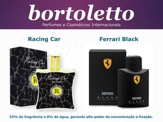 Perfumes e Cosméticos Internacionais

Racing Car

Ferrari Black

33% de fragrância e 0% de água, gerando alto poder de concentração e fixação.

 