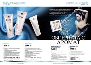 ХИДРАТИРАЩА КОЛЕКЦИЯ                                                                                                                                                                 ХИДРАТИРАЩА КОЛЕКЦИЯ
ДАМСКА                                                                                                                                                                                             ДАМСКА

                                                                                                                                    Подбери към своите любими парфюми продукти със
                                                                                                                                    същия аромат и си направи собствен комплект
                                                                                                                                    от ухаещи козметики. Постигни ефект на
                                                                                                                                    изключително дълготраен, красив
                                                                                                                                    аромат. Постигни пълна хармония!




                                                                                                                                       ОБГЪРНАТА С
ДУШ ГЕЛ 200 ml
Shower gel

9,00 ЛВ
                                                                              БАЛСАМ ЗА ТЯЛО 200 ml
                                                                              Body balm

                                                                              14,00 ЛВ
                                                                                                                                         АРОМАТ
                                                                                                                                       КРЕМ ЗА РЪЦЕ И НОКТИ 100 ml                                МИНИ КОЗМЕТИКИ 3x30 ml
                                                                                                                                       hand and nail cream                                        Mini
q	обогатен със специално подбрани овлажняващи
	 съставки
                                                                              q съдържа уникални хидратиращи съставки
                                                                              q провитамин Б5 има регенериращо и успокояващо           8,50 ЛВ                                                    10,00 ЛВ
q	провитамин Б5 действа успокояващо и                                         	 действие
	 противовъзпалително                                                         q витамин Е предпазва кожата от вредното действие                                                                   q	перфектно качество в малка опаковка
                                                                                                                                       q витамин Б5 възстановява липидната
q	оставя върху кожата деликатен защитен филтър                                	 на свободните радикали                                 	 бариера на кожата и спомага бързата й                    q	идеални за екскурзия или почивка
q	почиства и приготвя кожата за овлажняващо-                                  q алантоинът осигурява на кожата кадифена                	 регенерация                                              q	размерът им позволява да бъдат сложени в
	 подхранващото действие на балсама                                           	 гладкост и еластичност                                 q витамин А хидратира кожата и стимулира                   	 ръчния багаж при пътуване със самолет
q	има деликатна консистенция с красив, перлен 	                               q има кремообразна консистенция                          	 биосинтезата на колагена
	 блясък                                                                                                                                                                                          комплектът съдържа: 	
                                                                              q идеално попива                                         q алантоинът действа успокояващо, намалява
достъпни аромати FM | 05g, 06g, 10g, 12g, 18g, 21g,                                                                                    	 раздразненията и зачервяванията по кожата                  	балсам за тяло FM 33b
                                                                              достъпни аромати FM | 05b, 10b, 21b, 23b, 33b, 81b,
                                                                                                                                       q за всеки тип кожа                                           душ гел FM 33g
23g, 25g, 32g, 33g, 34g, 81g, 97g, 98g, 101g, 142g,                           97b, 101b, 146b new!, 173b                                                                                             душ гел FM 81g
146g new!, 147g, 173g, 283g                                                   достъпни мостри на балсам FM | 23b, 33b, 81b             достъпни аромати FM | 33c, 81c, 98c, 173c new!


                                          w w w . fm g r o u p . b g    64                                                                Produkty FM są на FM са оригинални продукти на World
                                                                                                                                            Продуктите oryginalnymi produktami FM GROUP FM GROUP World	
                                                                                                                                                                                                 65       65
 