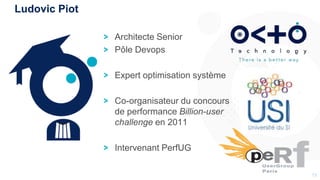 1313
Architecte Senior
Pôle Devops
Expert optimisation système
Co-organisateur du concours
de performance Billion-user
challenge en 2011
Intervenant PerfUG
Ludovic Piot
 