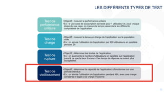 5252
LES DIFFÉRENTS TYPES DE TEST
•Objectif : mesurer la performance unitaire
•Ex : le use case de souscription est testé pour 1 utilisateur et, pour chaque
étape du use case, on mesure le temps passé dans les différents
composants de l’application
Test de
performance
unitaire
•Objectif : mesurer la tenue en charge de l’application sur la population
cible
•Ex : on simule l’utilisation de l’application par 200 utilisateurs en parallèle
pendant 2h
Test de
charge
•Objectif : déterminer les limites de l’application
•Ex : on augmente le nombre d’utilisateurs en parallèle sur l’application
jusqu’à ce que le taux d’erreurs / les temps de réponse ne soient plus
acceptables
Test de
rupture
•Objectif : déterminer la capacité de l’application à fonctionner sur une
période étendue
•Ex : on simule l’utilisation de l’application pendant 48h, avec une charge
constante et égale à la charge moyenne
Test de
vieillissement
 
