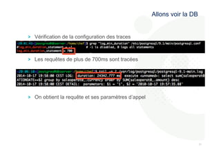 313 
1 
! Vérification de la configuration des traces 
! Les requêtes de plus de 700ms sont tracées 
! On obtient la requête et ses paramètres d’appel 
Allons voir la DB 
 