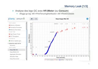 747 
4 
Memory Leak [1/3] 
! Analyse des logs GC avec HPJMeter (ou Censum) 
! -Xloggc:gc.log -XX:+PrintTenuringDistribution -XX:+PrintGCDetails 
 