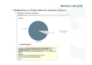 757 
5 
! Heapdump puis Eclipse Memory Analyzer (statique) 
! Rapport sur les suspects 
Memory Leak [2/3] 
 
