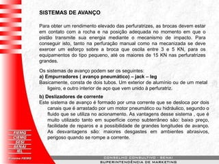 SISTEMAS DE AVANÇO
Para obter um rendimento elevado das perfuratrizes, as brocas devem estar
em contato com a rocha e na posição adequada no momento em que o
pistão transmite sua energia mediante o mecanismo de impacto. Para
conseguir isto, tanto na perfuração manual como na mecanizada se deve
exercer um esforço sobre a broca que oscila entre 3 e 5 KN, para os
equipamentos do tipo pequeno, até os maiores de 15 KN nas perfuratrizes
grandes.
Os sistemas de avanço podem ser os seguintes:
a) Empurradores ( avanço pneumático) – jack – leg
Basicamente, consta de dois tubos. Um exterior de alumínio ou de um metal
ligeiro, e outro interior de aço que vem unido à perfuratriz.
b) Deslizadores de corrente
Este sistema de avanço é formado por uma corrente que se desloca por dois
canais que é arrastado por um motor pneumático ou hidráulico, segundo o
fluido que se utiliza no acionamento. As vantagens desse sistema , que é
muito utilizado tanto em superfície como subterrâneo são: baixo preço,
facilidade de reparos e a possibilidade de grandes longitudes de avanço.
As desvantagens são: maiores desgastes em ambientes abrasivos,
perigoso quando se rompe a corrente.
 