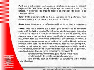 Punho: é a extremidade da broca que penetra e se encaixa no mandril
da perfuratriz. Tem forma hexagonal para poder transmitir o esforço de
rotação. A superfície de impacto recebe os impactos do pistão e os
transmite à haste.
Colar: limita o comprimento da broca que penetra na perfuratriz. Tem
diâmetro maior que o punho e que a bucha do mandril.
Haste: transmite à coroa os esforços recebidos da perfuratriz pelo punho.
Coroa: onde fica a pastilha que é obtida pela sinterização de carboneto
de tungstênio (WC) e cobalto (Co). O carboneto de tungstênio determina
a dureza da pastilha. Assim, quanto maior e seu teor na pastilha, mais
dura ela será e apresentará maior resistência ao desgaste, por outro
lado, menor será sua tenacidade e resistência aos choques. O cobalto é
o componente determinante da tenacidade da pastilha. Quanto maior for
seu teor, maior será sua tenacidade. Portanto, resistirá mais ao impacto,
implicando entretanto em menor resistência ao desgaste. Após estudos
e experiências, fabricam-se atualmente três tipos básicos de pastilhas,
que atendem aos tipos de rocha encontrados normalmente:
com elevado teor de cobalto, para rochas muito duras;
com teor médio de cobalto, para rochas comuns;
com elevado teor de carboneto de tungstênio, para rochas
muito abrasivas.
 