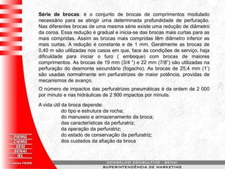 Série de brocas: é o conjunto de brocas de comprimentos modulado
necessário para se atingir uma determinada profundidade de perfuração.
Nas diferentes brocas de uma mesma série existe uma redução de diâmetro
da coroa. Essa redução é gradual e inicia-se das brocas mais curtas para as
mais compridas. Assim as brocas mais compridas têm diâmetro inferior as
mais curtas. A redução é constante e de 1 mm. Geralmente as brocas de
0,40 m são utilizadas nos casos em que, face às condições de serviço, haja
dificuldade para iniciar o furo ( emboque) com brocas de maiores
comprimentos. As brocas de 19 mm (3/4 “) e 22 mm (7/8”) são utilizadas na
perfuração do desmonte secundário (fogacho). As brocas de 25,4 mm (1’)
são usadas normalmente em perfuratrizes de maior potência, providas de
mecanismos de avanço.
O número de impactos das perfuratrizes pneumáticas é da ordem de 2 000
por minuto e nas hidráulicas de 2 900 impactos por minuto.
A vida útil da broca depende:
do tipo e estrutura da rocha;
do manuseio e armazenamento da broca;
das características da perfuratriz;
da operação da perfuratriz;
do estado de conservação da perfuratriz;
dos cuidados da afiação da broca
 