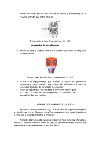 motor de fundo possui uma válvula de desvio e rolamentos, essa
      válvula permite que entre o fluido.




                Thomas. Motor de fundo. 1 fotografia color. 496 × 436

                  Acessórios da Mesa Rotativa

      Bucha do Kelly: é utilizada para faze a conexão dos tubos, da Kelly com
      a mesa rotativa.




             Dongying Haixin. Bucha da Kelly. 1 fotografia color. 75 × 100

      Cunha: são equipamentos que mantêm a coluna de perfuração
      suspensa à mesa rotativa. As cunhas são utilizadas em meio às
      conexões dos tubos de perfuração e comandos.
      Colar de segurança: sua finalidade e prover um batente para
      a cunha no caso de escorregamento do comando, são
      acessórios da mesa rotativa.



                          OPERACOES NORMAIS DE UM POCO

      Durante a perfuração de um poço caracterizado pela aplicação de peso
e rotação na broca. Algumas operações apresentam um papel importante
dentre elas a conexão, manobra e circulação.

      Conexão ocorre quando e preciso colocar um novo tubo de perfuração a
coluna. O topo do kelly ou o motor no caso do top drive na mesa rotativa. Tal
operação de conexão acontece da seguinte forma
 