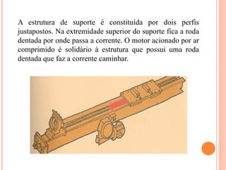 A estrutura de suporte é constituída por dois perfis
justapostos. Na extremidade superior do suporte fica a roda
dentada por onde passa a corrente. O motor acionado por ar
comprimido é solidário à estrutura que possui uma roda
dentada que faz a corrente caminhar.
 