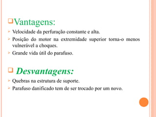 Vantagens:
   Velocidade da perfuração constante e alta.
   Posição do motor na extremidade superior torna-o menos
    vulnerável a choques.
   Grande vida útil do parafuso.


    Desvantagens:
   Quebras na estrutura de suporte.
   Parafuso danificado tem de ser trocado por um novo.
 