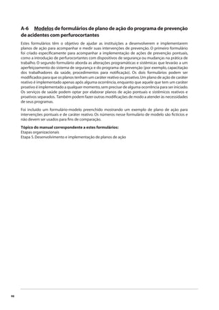 98 
A-6 Modelos de formulários de plano de ação do programa de prevenção 
de acidentes com perfurocortantes 
Estes formulários têm o objetivo de ajudar as instituições a desenvolverem e implementarem 
planos de ação para acompanhar e medir suas intervenções de prevenção. O primeiro formulário 
foi criado especifi camente para acompanhar a implementação de ações de prevenção pontuais, 
como a introdução de perfurocortantes com dispositivos de segurança ou mudanças na prática de 
trabalho. O segundo formulário aborda as alterações programáticas e sistêmicas que levarão a um 
aperfeiçoamento do sistema de segurança e do programa de prevenção (por exemplo, capacitação 
dos trabalhadores da saúde, procedimentos para notifi cação). Os dois formulários podem ser 
modifi cados para que os planos tenham um caráter reativo ou proativo. Um plano de ação de caráter 
reativo é implementado apenas após alguma ocorrência, enquanto que aquele que tem um caráter 
proativo é implementado a qualquer momento, sem precisar de alguma ocorrência para ser iniciado. 
Os serviços de saúde podem optar por elaborar planos de ação pontuais e sistêmicos reativos e 
proativos separados. Também podem fazer outras modifi cações de modo a atender às necessidades 
de seus programas. 
Foi incluído um formulário-modelo preenchido mostrando um exemplo de plano de ação para 
intervenções pontuais e de caráter reativo. Os números nesse formulário de modelo são fi ctícios e 
não devem ser usados para fi ns de comparação. 
Tópico do manual correspondente a estes formulários: 
Etapas organizacionais 
Etapa 5. Desenvolvimento e implementação de planos de ação 
 