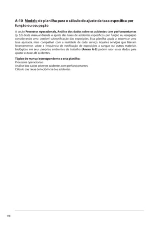 118 
A-10 Modelo de planilha para o cálculo do ajuste da taxa específi ca por 
função ou ocupação 
A seção Processos operacionais, Análise dos dados sobre os acidentes com perfurocortantes 
(p. 52) deste manual discute o ajuste das taxas de acidentes específi cos por função ou ocupação 
considerando uma possível subnotifi cação das exposições. Essa planilha ajuda a encontrar uma 
taxa ajustada, mais compatível com a realidade de cada serviço. Aqueles serviços que fi zeram 
levantamentos sobre a frequência de notifi cação de exposições a sangue ou outros materiais 
biológicos em seus próprios ambientes de trabalho (Anexo A-3) podem usar esses dados para 
ajustar as taxas de acidentes. 
Tópico do manual correspondente a esta planilha: 
Processos operacionais 
Análise dos dados sobre os acidentes com perfurocortantes 
Cálculo das taxas de incidência dos acidentes 
 