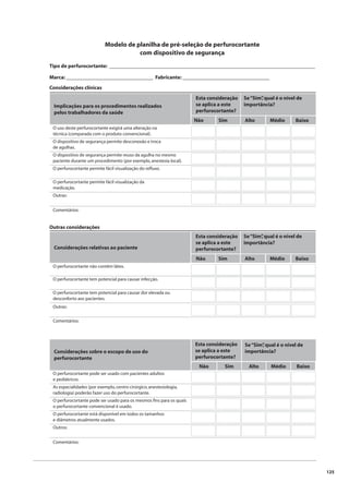 125 
Modelo de planilha de pré-seleção de perfurocortante 
com dispositivo de segurança 
Tipo de perfurocortante: ______________________________________________________________________________ 
Marca: _________________________________ Fabricante: _________________________________ 
Considerações clínicas 
Implicações para os procedimentos realizados 
pelos trabalhadores da saúde 
O uso deste perfurocortante exigirá uma alteração na 
técnica (comparada com o produto convencional). 
Outras considerações 
Considerações relativas ao paciente 
O perfurocortante não contém látex. 
O perfurocortante tem potencial para causar infecção. 
O perfurocortante tem potencial para causar dor elevada ou 
desconforto aos pacientes. 
Outras: 
Esta consideração 
se aplica a este 
perfurocortante? 
Se “Sim”, qual é o nível de 
importância? 
Não Sim Alto Médio Baixo 
Comentários: 
Considerações sobre o escopo de uso do 
perfurocortante 
O perfurocortante pode ser usado com pacientes adultos 
e pediátricos. 
As especialidades (por exemplo, centro cirúrgico, anestesiologia, 
radiologia) poderão fazer uso do perfurocortante. 
O perfurocortante pode ser usado para os mesmos fi ns para os quais 
o perfurocortante convencional é usado. 
O perfurocortante está disponível em todos os tamanhos 
e diâmetros atualmente usados. 
Outros: 
Comentários: 
Esta consideração 
se aplica a este 
perfurocortante? 
Se “Sim”, qual é o nível de 
importância? 
Sim Alto Médio Baixo 
O dispositivo de segurança permite desconexão e troca 
de agulhas. 
O dispositivo de segurança permite reuso da agulha no mesmo 
paciente durante um procedimento (por exemplo, anestesia local). 
O perfurocortante permite fácil visualização do refl uxo. 
O perfurocortante permite fácil visualização da 
medicação. 
Outras: 
Comentários: 
Não 
Esta consideração 
se aplica a este 
perfurocortante? 
Se “Sim”, qual é o nível de 
importância? 
Não Sim Alto Médio Baixo 
 