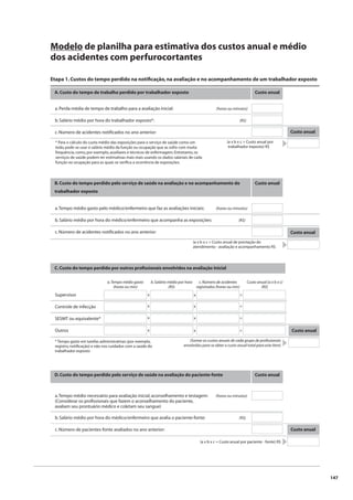 147 
Modelo de planilha para estimativa dos custos anual e médio 
dos acidentes com perfurocortantes 
Etapa 1. Custos do tempo perdido na notifi cação, na avaliação e no acompanhamento de um trabalhador exposto 
A. Custo do tempo de trabalho perdido por trabalhador exposto Custo anual 
a. Perda média de tempo de trabalho para a avaliação inicial: (horas ou minutos) 
b. Salário médio por hora do trabalhador exposto*: (R$) 
c. Número de acidentes notifi cados no ano anterior: 
* Para o cálculo do custo médio das exposições para o serviço de saúde como um 
todo, pode-se usar o salário médio da função ou ocupação que as sofre com muita 
frequência, como, por exemplo, auxiliares e técnicos de enfermagem. Entretanto, os 
serviços de saúde podem ter estimativas mais reais usando os dados salariais de cada 
função ou ocupação para as quais se verifi ca a ocorrência de exposições. 
B. Custo do tempo perdido pelo serviço de saúde na avaliação e no acompanhamento do 
trabalhador exposto 
a. Tempo médio gasto pelo médico/enfermeiro que faz as avaliações iniciais: (horas ou minutos) 
Custo anual 
b. Salário médio por hora do médico/enfermeiro que acompanha as exposições: (R$) 
c. Número de acidentes notifi cados no ano anterior: 
C. Custo do tempo perdido por outros profi ssionais envolvidos na avaliação inicial 
Supervisor 
D. Custo do tempo perdido pelo serviço de saúde na avaliação do paciente-fonte Custo anual 
Custo anual 
Controle de infecção 
* Tempo gasto em tarefas administrativas (por exemplo, 
registro, notifi cação) e não nos cuidados com a saúde do 
trabalhador exposto 
(Somar os custos anuais de cada grupo de profi ssionais 
envolvidos para se obter o custo anual total para este item) 
SESMT ou equivalente* 
Outros 
a. Tempo médio gasto 
(horas ou min) 
b. Salário médio por hora 
(R$) 
c. Número de acidentes 
registrados (horas ou min) 
Custo anual (a x b x c) 
(R$) 
Custo anual 
(a x b x c = Custo anual por 
trabalhador exposto) R$ 
(a x b x c = Custo anual de prestação do 
atendimento - avaliação e acompanhamento R$ 
a. Tempo médio necessário para avaliação inicial, aconselhamento e testagem: (horas ou minutos) 
(Considerar os profi ssionais que fazem o aconselhamento do paciente, 
avaliam seu prontuário médico e coletam seu sangue) 
b. Salário médio por hora do médico/enfermeiro que avalia o paciente-fonte: (R$) 
c. Número de pacientes-fonte avaliados no ano anterior: Custo anual 
(a x b x c = Custo anual por paciente - fonte) R$ 
Custo anual 
x 
x 
x 
x 
x 
x 
x 
x 
= 
= 
= 
= 
 