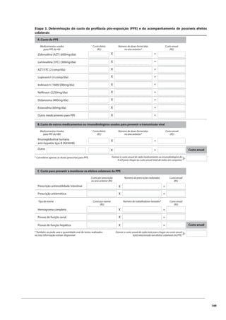 149 
Etapa 3. Determinação do custo da profi laxia pós-exposição (PPE) e do acompanhamento de possíveis efeitos 
colaterais 
A. Custo da PPE 
Zidovudina (AZT) (600mg/dia) 
Lamivudina (3TC) (300mg/dia) 
AZT/3TC (2 comp/dia) 
Custo diário 
(R$) 
Número de doses fornecidas 
no ano anterior* 
Custo anual 
(R$) 
Medicamentos usados 
para PPE do HIV 
Lopinavir/r (4 comp/dia) 
Indinavir/r (1600/200mg/dia) 
Nelfi navir (2250mg/dia) 
Didanosina (400mg/dia) 
Estavudina (60mg/dia) 
Outro medicamento para PPE 
B. Custo de outros medicamentos ou imunobiológicos usados para prevenir a transmissão viral 
* Considerar apenas as doses prescritas para PPE (Somar o custo anual de cada medicamento ou imunobiológico de 
A e B para chegar ao custo anual total de todos em conjunto) 
Imunoglobulina humana 
anti-hepatite tipo B (IGHAHB) 
Custo diário 
(R$) 
Número de doses fornecidas 
no ano anterior* 
Custo anual 
(R$) 
Medicamentos Usados 
para PPE do HBV 
Outro 
Prescrição antimotilidade intestinal 
Prescrição antiemética 
Número de prescrições realizadas Custo anual 
(R$) 
Hemograma completo 
Provas de função renal 
Custo por exame 
(R$) 
Número de trabalhadores testados* Custo anual 
(R$) 
Tipo de exame 
Provas de função hepática 
* Também se pode usar a quantidade real de testes realizados 
se esta informação estiver disponível 
(Somar o custo anual de cada teste para chegar ao custo anual 
total relacionado aos efeitos colaterais da PPE) 
C. Custo para prevenir e monitorar os efeitos colaterais da PPE 
Custo anual 
Custo anual 
X 
X 
X 
= 
= 
= 
X 
X 
X 
= 
= 
= 
X 
X 
X 
= 
= 
= 
X 
X 
= 
= 
X = 
X = 
X = 
X = 
X = 
Custo por prescrição 
no ano anterior (R$) 
 
