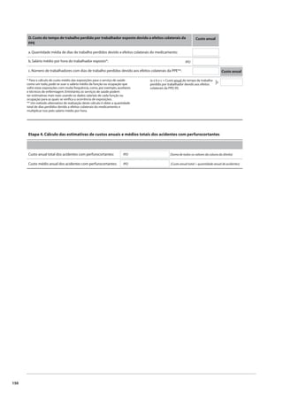 150 
D. Custo do tempo de trabalho perdido por trabalhador exposto devido a efeitos colaterais da 
PPE 
a. Quantidade média de dias de trabalho perdidos devido a efeitos colaterais do medicamento: 
Etapa 4. Cálculo das estimativas de custos anuais e médios totais dos acidentes com perfurocortantes 
Custo anual total dos acidentes com perfurocortantes: (R$) 
(Soma de todos os valores da coluna da direita) 
Custo médio anual dos acidentes com perfurocortantes: (R$) 
(Custo anual total ÷ quantidade anual de acidentes) 
b. Salário médio por hora do trabalhador exposto*: 
* Para o cálculo do custo médio das exposições para o serviço de saúde 
como um todo, pode-se usar o salário médio da função ou ocupação que 
sofre estas exposições com muita frequência, como, por exemplo, auxiliares 
e técnicos de enfermagem. Entretanto, os serviços de saúde podem 
ter estimativas mais reais usando os dados salariais de cada função ou 
ocupação para as quais se verifi ca a ocorrência de exposições. 
** Um método alternativo de realização deste cálculo é obter a quantidade 
total de dias perdidos devido a efeitos colaterais do medicamento e 
multiplicar isso pelo salário médio por hora. 
(R$) 
c. Número de trabalhadores com dias de trabalho perdidos devido aos efeitos colaterais da PPE**: 
(a x b x c = Custo anual do tempo de trabalho 
perdido por trabalhador devido aos efeitos 
colaterais da PPE) R$ 
Custo anual 
Custo anual 
 