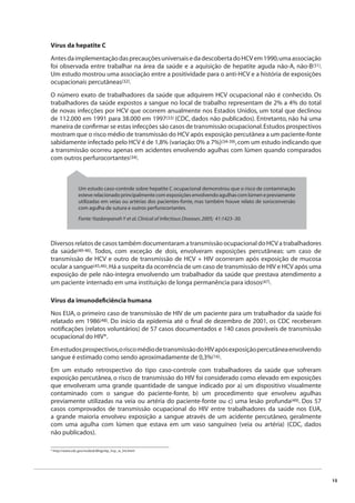 15 
Vírus da hepatite C 
Antes da implementação das precauções universais e da descoberta do HCV em 1990, uma associação 
foi observada entre trabalhar na área da saúde e a aquisição de hepatite aguda não-A, não-B(31). 
Um estudo mostrou uma associação entre a positividade para o anti-HCV e a história de exposições 
ocupacionais percutâneas(32). 
O número exato de trabalhadores da saúde que adquirem HCV ocupacional não é conhecido. Os 
trabalhadores da saúde expostos a sangue no local de trabalho representam de 2% a 4% do total 
de novas infecções por HCV que ocorrem anualmente nos Estados Unidos, um total que declinou 
de 112.000 em 1991 para 38.000 em 1997(33) (CDC, dados não publicados). Entretanto, não há uma 
maneira de confi rmar se estas infecções são casos de transmissão ocupacional. Estudos prospectivos 
mostram que o risco médio de transmissão do HCV após exposição percutânea a um paciente-fonte 
sabidamente infectado pelo HCV é de 1,8% (variação: 0% a 7%)(34-39), com um estudo indicando que 
a transmissão ocorreu apenas em acidentes envolvendo agulhas com lúmen quando comparados 
com outros perfurocortantes(34). 
Um estudo caso-controle sobre hepatite C ocupacional demonstrou que o risco de contaminação 
esteve relacionado principalmente com exposições envolvendo agulhas com lúmen e previamente 
utilizadas em veias ou artérias dos pacientes-fonte, mas também houve relato de soroconversão 
com agulha de sutura e outros perfurocortantes. 
Fonte: Yazdanpanah Y et al. Clinical of Infectious Diseases. 2005; 41:1423–30. 
Diversos relatos de casos também documentaram a transmissão ocupacional do HCV a trabalhadores 
da saúde(40-46). Todos, com exceção de dois, envolveram exposições percutâneas: um caso de 
transmissão de HCV e outro de transmissão de HCV + HIV ocorreram após exposição de mucosa 
ocular a sangue(45,46). Há a suspeita da ocorrência de um caso de transmissão de HIV e HCV após uma 
exposição de pele não-íntegra envolvendo um trabalhador da saúde que prestava atendimento a 
um paciente internado em uma instituição de longa permanência para idosos(47). 
Vírus da imunodefi ciência humana 
Nos EUA, o primeiro caso de transmissão de HIV de um paciente para um trabalhador da saúde foi 
relatado em 1986(48). Do início da epidemia até o fi nal de dezembro de 2001, os CDC receberam 
notifi cações (relatos voluntários) de 57 casos documentados e 140 casos prováveis de transmissão 
ocupacional do HIV*. 
Em estudos prospectivos, o risco médio de transmissão do HIV após exposição percutânea envolvendo 
sangue é estimado como sendo aproximadamente de 0,3%(16). 
Em um estudo retrospectivo do tipo caso-controle com trabalhadores da saúde que sofreram 
exposição percutânea, o risco de transmissão do HIV foi considerado como elevado em exposições 
que envolveram uma grande quantidade de sangue indicado por a) um dispositivo visualmente 
contaminado com o sangue do paciente-fonte, b) um procedimento que envolveu agulhas 
previamente utilizadas na veia ou artéria do paciente-fonte ou c) uma lesão profunda(49). Dos 57 
casos comprovados de transmissão ocupacional do HIV entre trabalhadores da saúde nos EUA, 
a grande maioria envolveu exposição a sangue através de um acidente percutâneo, geralmente 
com uma agulha com lúmen que estava em um vaso sanguíneo (veia ou artéria) (CDC, dados 
não publicados). 
* http://www.cdc.gov/ncidod/dhqp/bp_hcp_w_hiv.html 
 