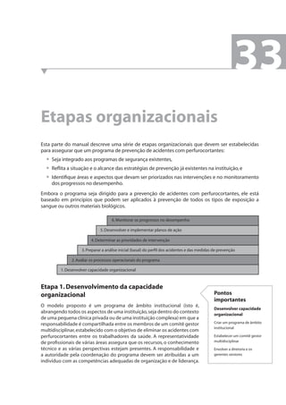 Etapas organizacionais 
Esta parte do manual descreve uma série de etapas organizacionais que devem ser estabelecidas 
para assegurar que um programa de prevenção de acidentes com perfurocortantes: 
Seja integrado aos programas de segurança existentes, 
Refl ita a situação e o alcance das estratégias de prevenção já existentes na instituição, e 
Identifi que áreas e aspectos que devam ser priorizados nas intervenções e no monitoramento 
dos progressos no desempenho. 
••• 
Embora o programa seja dirigido para a prevenção de acidentes com perfurocortantes, ele está 
baseado em princípios que podem ser aplicados à prevenção de todos os tipos de exposição a 
sangue ou outros materiais biológicos. 
Etapa 1. Desenvolvimento da capacidade 
organizacional 
O modelo proposto é um programa de âmbito institucional (isto é, 
abrangendo todos os aspectos de uma instituição, seja dentro do contexto 
de uma pequena clínica privada ou de uma instituição complexa) em que a 
responsabilidade é compartilhada entre os membros de um comitê gestor 
multidisciplinar, estabelecido com o objetivo de eliminar os acidentes com 
perfurocortantes entre os trabalhadores da saúde. A representatividade 
de profi ssionais de várias áreas assegura que os recursos, o conhecimento 
técnico e as várias perspectivas estejam presentes. A responsabilidade e 
a autoridade pela coordenação do programa devem ser atribuídas a um 
indivíduo com as competências adequadas de organização e de liderança. 
Pontos 
importantes 
Desenvolver capacidade 
organizacional 
Criar um programa de âmbito 
institucional 
Estabelecer um comitê gestor 
multidisciplinar 
Envolver a diretoria e os 
gerentes seniores 
6. Monitorar os progressos no desempenho 
5. Desenvolver e implementar planos de ação 
4. Determinar as prioridades de intervenção 
3. Preparar a análise inicial (basal) do perfi l dos acidentes e das medidas de prevenção 
2. Avaliar os processos operacionais do programa 
1. Desenvolver capacidade organizacional 
33 
 