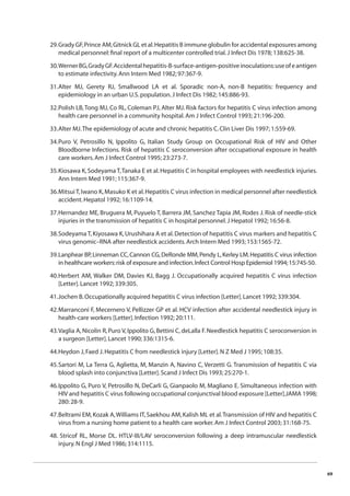69 
29. Grady GF, Prince AM, Gitnick GL et al. Hepatitis B immune globulin for accidental exposures among 
medical personnel: fi nal report of a multicenter controlled trial. J Infect Dis 1978; 138:625-38. 
30. Werner BG, Grady GF. Accidental hepatitis-B-surface-antigen-positive inoculations: use of e antigen 
to estimate infectivity. Ann Intern Med 1982; 97:367-9. 
31. Alter MJ, Gerety RJ, Smallwood LA et al. Sporadic non-A, non-B hepatitis: frequency and 
epidemiology in an urban U.S. population. J Infect Dis 1982; 145:886-93. 
32. Polish LB, Tong MJ, Co RL, Coleman PJ, Alter MJ. Risk factors for hepatitis C virus infection among 
health care personnel in a community hospital. Am J Infect Control 1993; 21:196-200. 
33. Alter MJ. The epidemiology of acute and chronic hepatitis C. Clin Liver Dis 1997; 1:559-69. 
34. Puro V, Petrosillo N, Ippolito G, Italian Study Group on Occupational Risk of HIV and Other 
Bloodborne Infections. Risk of hepatitis C seroconversion after occupational exposure in health 
care workers. Am J Infect Control 1995; 23:273-7. 
35. Kiosawa K, Sodeyama T, Tanaka E et al. Hepatitis C in hospital employees with needlestick injuries. 
Ann Intern Med 1991; 115:367-9. 
36. Mitsui T, Iwano K, Masuko K et al. Hepatitis C virus infection in medical personnel after needlestick 
accident. Hepatol 1992; 16:1109-14. 
37. Hernandez ME, Bruguera M, Puyuelo T, Barrera JM, Sanchez Tapia JM, Rodes J. Risk of needle-stick 
injuries in the transmission of hepatitis C in hospital personnel. J Hepatol 1992; 16:56-8. 
38. Sodeyama T, Kiyosawa K, Urushihara A et al. Detection of hepatitis C virus markers and hepatitis C 
virus genomic–RNA after needlestick accidents. Arch Intern Med 1993; 153:1565-72. 
39. Lanphear BP, Linneman CC, Cannon CG, DeRonde MM, Pendy L, Kerley LM. Hepatitis C virus infection 
in healthcare workers: risk of exposure and infection. Infect Control Hosp Epidemiol 1994; 15:745-50. 
40. Herbert AM, Walker DM, Davies KJ, Bagg J. Occupationally acquired hepatitis C virus infection 
[Letter]. Lancet 1992; 339:305. 
41. Jochen B. Occupationally acquired hepatitis C virus infection [Letter]. Lancet 1992; 339:304. 
42. Marranconi F, Mecernero V, Pellizzer GP et al. HCV infection after accidental needlestick injury in 
health-care workers [Letter]. Infection 1992; 20:111. 
43. Vaglia A, Nicolin R, Puro V, Ippolito G, Bettini C, deLalla F. Needlestick hepatitis C seroconversion in 
a surgeon [Letter]. Lancet 1990; 336:1315-6. 
44. Heydon J, Faed J. Hepatitis C from needlestick injury [Letter]. N Z Med J 1995; 108:35. 
45. Sartori M, La Terra G, Aglietta, M, Manzin A, Navino C, Verzetti G. Transmission of hepatitis C via 
blood splash into conjunctiva [Letter]. Scand J Infect Dis 1993; 25:270-1. 
46. Ippolito G, Puro V, Petrosillo N, DeCarli G, Gianpaolo M, Magliano E. Simultaneous infection with 
HIV and hepatitis C virus following occupational conjunctival blood exposure [Letter].JAMA 1998; 
280: 28-9. 
47. Beltrami EM, Kozak A, Williams IT, Saekhou AM, Kalish ML et al. Transmission of HIV and hepatitis C 
virus from a nursing home patient to a health care worker. Am J Infect Control 2003; 31:168-75. 
48. Stricof RL, Morse DL. HTLV-III/LAV seroconversion following a deep intramuscular needlestick 
injury. N Engl J Med 1986; 314:1115. 
 