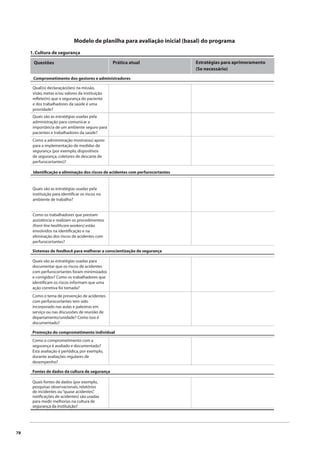 78 
Modelo de planilha para avaliação inicial (basal) do programa 
1. Cultura de segurança 
Questões Prática atual 
Estratégias para aprimoramento 
(Se necessário) 
Comprometimento dos gestores e administradores 
Qual(is) declaração(ões) na missão, 
visão, metas e/ou valores da instituição 
refl ete(m) que a segurança do paciente 
e dos trabalhadores da saúde é uma 
prioridade? 
Quais são as estratégias usadas pela 
administração para comunicar a 
importância de um ambiente seguro para 
pacientes e trabalhadores da saúde? 
Como a administração mostra(ou) apoio 
para a implementação de medidas de 
segurança (por exemplo, dispositivos 
de segurança, coletores de descarte de 
perfurocortantes)? 
Identifi cação e eliminação dos riscos de acidentes com perfurocortantes 
Quais são as estratégias usadas pela 
instituição para identifi car os riscos no 
ambiente de trabalho? 
Como os trabalhadores que prestam 
assistência e realizam os procedimentos 
(front-line healthcare workers) estão 
envolvidos na identifi cação e na 
eliminação dos riscos de acidentes com 
perfurocortantes? 
Sistemas de feedback para melhorar a conscientização de segurança 
Quais são as estratégias usadas para 
documentar que os riscos de acidentes 
com perfurocortantes foram minimizados 
e corrigidos? Como os trabalhadores que 
identifi cam os riscos informam que uma 
ação corretiva foi tomada? 
Como o tema de prevenção de acidentes 
com perfurocortantes tem sido 
incorporado nas aulas e palestras em 
serviço ou nas discussões de reunião de 
departamento/unidade? Como isso é 
documentado? 
Promoção do comprometimento individual 
Como o comprometimento com a 
segurança é avaliado e documentado? 
Esta avaliação é periódica, por exemplo, 
durante avaliações regulares de 
desempenho? 
Fontes de dados da cultura de segurança 
Quais fontes de dados (por exemplo, 
pesquisas observacionais, relatórios 
de incidentes ou “quase acidentes”, 
notifi cações de acidentes) são usadas 
para medir melhorias na cultura de 
segurança da instituição? 
 
