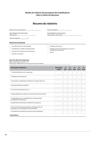 84 
Modelo de relatório das percepções dos trabalhadores 
sobre a cultura de segurança 
Data de início da pesquisa: _____ /_____ /_____ 
Quantidade de questionários 
distribuídos: _________________________ 
Taxa de resposta: ________ % 
Método de distribuição 
Resumo do relatório 
Inseridos junto aos contracheques 
Distribuídos via chefes de departamento 
Incluídos nos informativos da instituição 
Durante as reuniões 
Pontuações individuais 
1. Comprometimento com a segurança 
2. Feedback sobre segurança 
3. Promoção da notifi cação de acidentes e situações de riscos 
4. Comprometimento individual 
5. Correção das situações de risco 
6. Disponibilidade de coletores de descarte de perfurocortantes 
7. Colaboração entre os trabalhadores e a administração 
no programa de segurança 
8. Capacitação relacionada ao programa de segurança 
9. Fornecimento de perfurocortantes com dispositivos de 
segurança e outros equipamentos de proteção 
10. Ambiente incentivador (não-punitivo) das notifi cações 
Comentários 
Data do relatório: _____ /_____ /_____ 
Quantidade de questionários 
respondidos devolvidos: _________________________ 
Enviados pelo correio 
Deixados em locais estratégicos, para que os 
trabalhadores retirassem 
Outros 
Pontuação 
média 
% 
de 1 
% 
de 2 
% 
de 3 
% 
de 4 
% 
de 5 
Grau da cultura de segurança 
Maior pontuação possível = 50 
Pontuação média total (soma das pontuações médias): ____________________________________ 
 