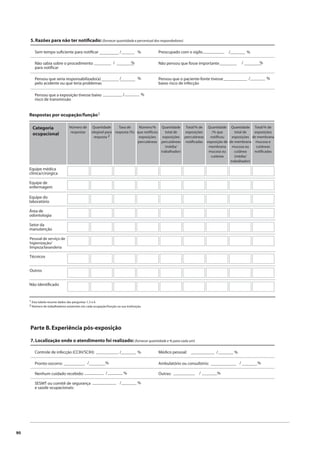 90 
_________ ______ 
________ ________ 
Respostas por ocupação/função1 
Categoria 
ocupacional 
Equipe médica 
clínica/cirúrgica 
Equipe de 
enfermagem 
Equipe do 
laboratório 
Área de 
odontologia 
Setor da 
manutenção 
Pessoal de serviço de 
higienização/ 
limpeza/lavanderia 
Técnicos 
Outros 
Não identifi cado 
Número de 
respostas 
/ % / % 
________ _______ 
Quantidade 
elegível para 
resposta 2 
Taxa de 
resposta (%) 
Número/% 
que notifi cou 
exposições 
percutâneas 
Quantidade 
total de 
exposições 
percutâneas 
(média/ 
trabalhador) 
Total/% de 
exposições 
percutâneas 
notifi cadas 
Quantidade 
/% que 
notifi cou 
exposição de 
membrana 
mucosa ou 
cutânea 
Quantidade 
total de 
exposições 
de membrana 
mucosa ou 
cutânea 
(média/ 
trabalhador) 
Total/% de 
exposições 
de membrana 
mucosa e 
cutâneas 
notifi cadas 
1 Esta tabela resume dados das perguntas 1, 5 e 6 
2 Número de trabalhadores existentes em cada ocupação/função na sua instituição. 
Parte B. Experiência pós-exposição 
__________ _______ 
________ ________ 
___________ _______ 
5. Razões para não ter notifi cado: (fornecer quantidade e percentual dos respondedores) 
Sem tempo sufi ciente para notifi car 
Não sabia sobre o procedimento 
para notifi car 
Preocupado com o sigilo 
Não pensou que fosse importante 
/ % 
/ % 
/ % 
/ % 
Pensou que seria responsabilizado(a) 
pelo acidente ou que teria problemas 
Pensou que o paciente-fonte tivesse 
baixo risco de infecção 
Pensou que a exposição tivesse baixo 
risco de transmissão 
__ _ _ _ _ _ /_ _ _ _ _ _ _ % 
7. Localização onde o atendimento foi realizado: (fornecer quantidade e % para cada um) 
Controle de infecção (CCIH/SCIH): 
Pronto-socorro: 
Nenhum cuidado recebido: 
Médico pessoal: 
Ambulatório ou consultório: 
Outras: 
SESMT ou comitê de segurança 
e saúde ocupacionais: 
_ _______ 
/ % 
/ % 
/ % 
/ % 
/ % 
/ % 
/ % 
__________ _ 
_______ 
_______ 
_________ 
___________ 
___________ _______ 
____________ _______ 
__________ _______ 
 