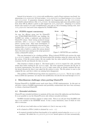 Instead of an intrusive SOCK_DGRAM code modiﬁcation, a path of least resistance was found: im-
plementing SOCK_SEQPACKET for local sockets. SOCK_SEQPACKET is a blend between SOCK_STREAM
and SOCK_DGRAM. It guarantees datagram integrity (no fragmentation, just like SOCK_DGRAM),
and reliable ordered delivery (like SOCK_STREAM). An embarrassing eight-years-old problem report
from Jesse Oﬀ [5] oﬀered a patch to add support for SOCK_SEQPACKET. Adapting it to current
kernel code turned to be quite straightforward, and with no risk of breaking existing code, since
SOCK_SEQPACKET had never been supported by NetBSD before.
3.4 PUFFS request concurrency
Figure 5: GETATTR race condition
An easy but eﬃcient stress test for GlusterFS
over FUSE/PERFUSE/PUFFS was building the
NetBSD tree within a replicated and distributed
GlusterFS volume. Early testing produced strange
outcomes, with a configure script complaining
about a syntax error. After some investigation, it
because clear that the problematic step was the gen-
eration of the configure script by autoconf. Com-
parison with a build in a native ﬁle system showed
that a few bytes were missing in the script generated
within a GlusterFS volume.
This was determined to be a locking problem. When in-kernel PUFFS stub receives the reply
to a GETATTR request, it will update the kernel-cached ﬁle metadata using the values sent by the
ﬁle system. If the ﬁle system sends a ﬁle size smaller that the value cached by kernel, the kernel
truncates the ﬁle and discards the data in excess.
This situation is shown in ﬁgure 5. The kernel sends a GETATTR request for a ﬁle, and then
writes data before waiting for the GETATTR reply. The write operation increases the ﬁle size in
its kernel representation, but when the GETATTR reply comes with an already outdated ﬁle size,
the kernel discards the data it just asked the ﬁle system to write. The ﬁle pointer is reset to the
original ﬁle size, and this is where our missing bytes disappeared.
This problem is PUFFS kernel bug which was exposed by perfused(8). The ﬁx was to add a
lock on all ﬁle size operation: not only for size modiﬁcation, but also for size read through GETATTR.
4 Miscellaneous challenges when porting GlusterFS
Porting GlusterFS to NetBSD meant much more than a FUSE implementation. In this part we
will have a look at NetBSD improvements and portability workarounds that have been necessary
to obtain a functional GlusterFS.
4.1 Extended attributes
GlusterFS uses extended attributes to maintain all the state about ﬁle replication and distribution.
It is not possible to run the GlusterFS server side without extended attributes.
NetBSD extended attribute support is rather weak. There is an old port from FreeBSD code
that is not enabled in the GENERIC kernel. It has a many limitations, some of which we were
able to overcome:
• It did not even build when we ﬁrst looked at it (but it was easy to ﬁx)
• It is limited to FFSv1 (which is obtained by newfs -O1)
• It required extended attribute functionality to be explicitly started using the extattrctl(8)
command. We added the UFS_EXTATTR_AUTOSTART kernel option to do that automatically.
8
 