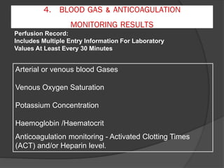 4. BLOOD GAS & ANTICOAGULATION
MONITORING RESULTS
Perfusion Record:
Includes Multiple Entry Information For Laboratory
Values At Least Every 30 Minutes
Arterial or venous blood Gases
Venous Oxygen Saturation
Potassium Concentration
Haemoglobin /Haematocrit
Anticoagulation monitoring - Activated Clotting Times
(ACT) and/or Heparin level.
 