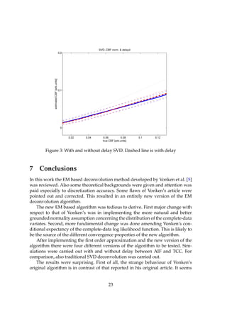 SVD−CBF norm. & delayd
                                        0.2
            estimated CBF [arb.units]




                                        0.1




                                         0


                                              0.02   0.04     0.06          0.08     0.1   0.12
                                                              true CBF [arb.units]


        Figure 3: With and without delay SVD. Dashed line is with delay



7    Conclusions
In this work the EM based deconvolution method developed by Vonken et al. [5]
was reviewed. Also some theoretical backgrounds were given and attention was
paid especially to discretization accuracy. Some ﬂaws of Vonken’s article were
pointed out and corrected. This resulted in an entirely new version of the EM
deconvolution algorithm.
    The new EM based algorithm was tedious to derive. First major change with
respect to that of Vonken’s was in implementing the more natural and better
grounded normality assumption concerning the distribution of the complete-data
variates. Second, more fundamental change was done amending Vonken’s con-
ditional expectancy of the complete-data log likelihood function. This is likely to
be the source of the different convergence properties of the new algorithm.
    After implementing the ﬁrst order approximation and the new version of the
algorithm there were four different versions of the algorithm to be tested. Sim-
ulations were carried out with and without delay between AIF and TCC. For
comparison, also traditional SVD deconvolution was carried out.
    The results were surprising. First of all, the strange behaviour of Vonken’s
original algorithm is in contrast of that reported in his original article. It seems


                                                                  23
 