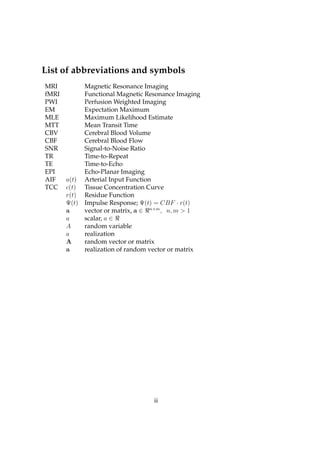 List of abbreviations and symbols
MRI         Magnetic Resonance Imaging
fMRI        Functional Magnetic Resonance Imaging
PWI         Perfusion Weighted Imaging
EM          Expectation Maximum
MLE         Maximum Likelihood Estimate
MTT         Mean Transit Time
CBV         Cerebral Blood Volume
CBF         Cerebral Blood Flow
SNR         Signal-to-Noise Ratio
TR          Time-to-Repeat
TE          Time-to-Echo
EPI         Echo-Planar Imaging
AIF  a(t)   Arterial Input Function
TCC c(t)    Tissue Concentration Curve
     r(t)   Residue Function
     Ψ(t)   Impulse Response; Ψ(t) = CBF · r(t)
     a      vector or matrix, a ∈ n×m , n, m > 1
     a      scalar, a ∈
     A      random variable
     a      realization
     A      random vector or matrix
     a      realization of random vector or matrix




                                  ii
 