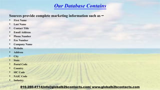 Our Database Contains
Sources provide complete marketing information such as –
• First Name
• Last Name
• Contact Title
• Email Address
• Phone Number
• Fax Number
• Company Name
• Website
• Address
• City
• State
• Postal Code
• Country
• SIC Code
• NAIC Code
• Industry
816-286-4114|info@globalb2bcontacts.com| www.globalb2bcontacts.com
 