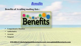 Benefits
Benefits of Availing mailing lists :
• Comprehensive Database
• Authoritative
• Accurate
• Targeted
816-286-4114|info@globalb2bcontacts.com| www.globalb2bcontacts.com
 
