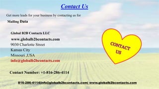 Contact Us
Get more leads for your business by contacting us for
Mailing Data
Global B2B Contacts LLC
www.globalb2bcontacts.com
9030 Charlotte Street
Kansas City
Missouri ,USA
info@globalb2bcontacts.com
Contact Number: +1-816-286-4114
816-286-4114|info@globalb2bcontacts.com| www.globalb2bcontacts.com
 