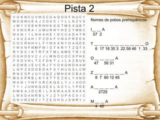 Pista 2
Nomes de pobos prehispánicos:
I__ __ A
57 2
T __ __ __ __ __ __ __ __ __ __ O
6 17 18 35 3 22 58 46 1 33
O __ __ __ __ A
47 56 31
Z __ __ __ __ __ __ A
8 7 60 12 45
A __ __ __ __ A
2725
M __ __ A
4 40
 