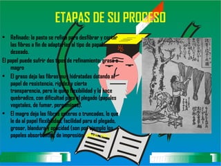 ETAPAS DE SU PROCESO Refinado: la pasta se refina para desfibrar y cortar las fibras a fin de adaptarlas al tipo de papel deseado.  El papel puede sufrir dos tipos de refinamiento: graso o magro El graso deja las fibras muy hidratadas dotando al papel de resistencia, rigidez y cierta transparencia, pero le quita flexibilidad y lo hace quebradizo, con dificultad para el plegado (papeles vegetales, de fumar, pergaminos).   El magro deja las fibras enteras o truncadas, lo que le da al papel flexibilidad, facilidad para el plegado, grosor, blandura y opacidad (son por ejemplo los papeles absorbentes, de impresión,  offset, etc.)   