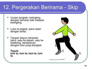 12. Pergerakan Berirama - Skip
    Urutan langkah- ketingting
     dengan bertukar kaki selepas
     ketingting.

    Lutut di angkat, paha selari
     dengan lantai.

    Tangan diayun daripada
     bahu, satu ke depan, satu ke
     belakang, berlawanan
     dengan lutut yang diangkat.

     Tepuk:
     tum ta, tum ta, tum ta, tum
     ta


                                    15
 