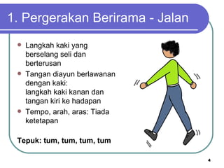 1. Pergerakan Berirama - Jalan
    Langkah kaki yang
     berselang seli dan
     berterusan
    Tangan diayun berlawanan
     dengan kaki:
     langkah kaki kanan dan
     tangan kiri ke hadapan
    Tempo, arah, aras: Tiada
     ketetapan

 Tepuk: tum, tum, tum, tum

                                 4
 