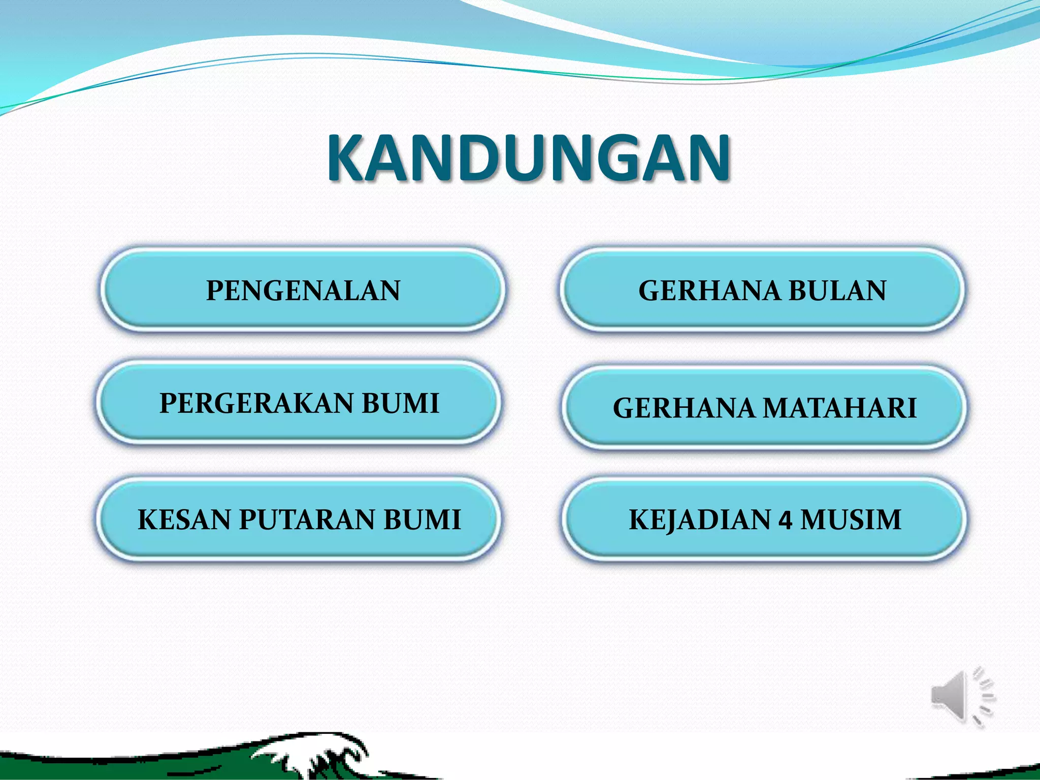 KANDUNGAN
PENGENALAN
GERHANA BULAN
PERGERAKAN BUMI
GERHANA MATAHARI
KESAN PUTARAN BUMI
KEJADIAN 4 MUSIM