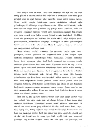 12
Pada peringkat umur 5-6 tahun, kanak-kanak mempunyai sifat ingin tahu yang tinggi
tentang perkara di sekeliling mereka. Sifat ingin tahu ini membuatkan kanak-kanak pada
peringkat umur ini amat berminat untuk meneroka melalui aktiviti bermain mereka.
Melalui aktiviti bermain, kanak-kanak mampu meningkatkan pelbagai sudut
perkembangan diri selain dapat mengembirakan mereka. Melalui aktiviti bermain, kanak-
kanak terdedah dengan alatan permainan yang pelbagai bentuk, permukaan, warna dan
sebagainya. Penggunaan permainan tersebut dapat merangsang penggunaan deria mereka
selain dapat menarik minat belajar mereka. Melalui bermain, kanak-kanak didedahkan
dengan satu pembelajaran dan penemuan baru apabila mereka belajar mengenai warna,
perbezaan bentuk, permukaan dan sebagainya. Ini menggalakkan mereka perkembangkan
kemahiran motor kasar dan halus mereka. Muzik dan nyanyian merupakan satu aktiviti
yang menyeronokkan bagi kanak-kanak.
Bidang nyanyian memberi penumpuan dan penegasan kepada aspek postur,
pendengaran, sebutan, pernafasan dan pengeluaran suara. Aktiviti nyanyian dapat
membantu meningkatkan perkembangan bahasa kanakkanak. Nyanyian melibatkan
bahasa dapat merangsang minda kanak-kanak menguasai dan membantu mereka
menambah perbendaharaan kata. Guru boleh menjalankan aktiviti ini bagi memberi
peluang kepada kanak-kanak meluaskan perkembangan bahasa melalui aktiviti menyanyi.
Muzik dan nyanyian yang dijalankan dapat menggalakkan kanak-kanak melahirkan
perasaan seperti berimaginasi sambil bermain. Oleh itu, secara tidak langsung,
perbendaharaan kata kanak-kanak akan bertambah. Melalui nyanyian ini juga kanak-
kanak akan mempamerkan ekspresi perasaan mereka samada gembira, sedih dan
sebagainya. Selain itu, aktiviti bermain sambil menyanyi juga adalah satu cara bagaimana
kanak-kanak memperkembangkan penguasaan bahasa mereka. Dengan nyanyian juga
dapat memperkenalkan pelbagai konsep dan bahasa dapat ditingkatkan kerana ia mudah
diingati dan difahami oleh kanak-kanak.
Selain dari itu, guru juga boleh menarik perhatian kanak-kanak dengan letakkan objek
yang berbunyi (jam, loceng angin, radio) di bahagian berlainan di dalam rumah untuk
membantu kanak-kanak mengenalpasti susunan rumah. Galakkan kanak-kanak ini
mencari dan merasa tekstur yang berlainan di sekeliling rumah seperti lantai, karpet,
kayu, tingkap kaca, dinding berplaster, meja marmar dan sebagainya. Carilah mainan dan
buku yang mempunyai nombor, huruf atau rekaan yang timbul yang boleh disentuh dan
diterokai oleh kanak-kanak ini. Anda juga boleh memilih cerita yang mempunyai
penerangan yang menarik mengenai sesuatu aksi atau objek. Beri penerangan, dan
 
