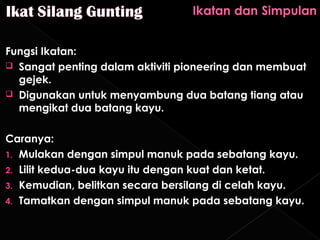 Fungsi Ikatan:
 Sangat penting dalam aktiviti pioneering dan membuat
  gejek.
 Digunakan untuk menyambung dua batang tiang atau
  mengikat dua batang kayu.

Caranya:
1. Mulakan dengan simpul manuk pada sebatang kayu.
2. Lilit kedua-dua kayu itu dengan kuat dan ketat.
3. Kemudian, belitkan secara bersilang di celah kayu.
4. Tamatkan dengan simpul manuk pada sebatang kayu.
 
