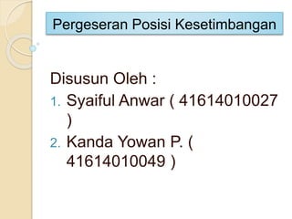 Pergeseran Posisi Kesetimbangan 
Disusun Oleh : 
1. Syaiful Anwar ( 41614010027 
) 
2. Kanda Yowan P. ( 
41614010049 ) 
 