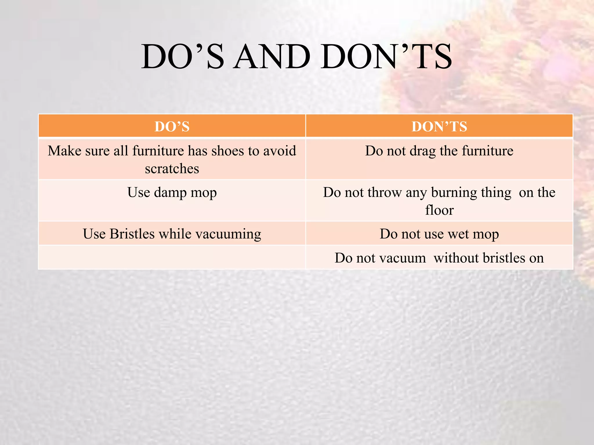 DO’S AND DON’TS
                  DO’S                                     DON’TS
Make sure all furniture has shoes to avoid         Do not drag the furniture
                scratches
             Use damp mop                    Do not throw any burning thing on the
                                                             floor
     Use Bristles while vacuuming                     Do not use wet mop
                                              Do not vacuum without bristles on
 