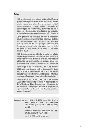 123
Notas:
1) O resultado não operacional será igual à diferença,
positiva ou negativa, entre o valor pelo qual o bem ou
direito houver sido alienado e o seu valor contábil,
assim entendido o que estiver registrado na
escrituração do contribuinte, diminuído, se for o
caso, da depreciação, amortização ou exaustão
acumulada e das perdas estimadas no valor de ativos;
2) Os prejuízos da alienação de bens e direitos do
ativo imobilizado, investimento e intangível poderão
ser compensados, nos períodos de apuração
subsequentes ao de sua apuração, somente com
lucros da mesma natureza, observado o limite
estabelecido no artigo 43 da Lei nº 12.973, de 13 de
maio de 2014;
3) O disposto nesta questão não se aplica em relação
às perdas provenientes de baixa de bens ou direitos
em decorrência de terem se tornado imprestáveis,
obsoletos ou terem caído em desuso, ainda que
posteriormente venham a ser alienados como sucata;
4) O artigo 37 da Lei nº 11.941, de 27 de maio de
2009, alterou o disposto no § 1º do artigo 178 da Lei
nº 6.404, de 15 de dezembro de 1976, a fim de que
os subgrupos investimentos, imobilizado e intangível
sejam classificados no grupo ativo não circulante;
5) O artigo 37 da Lei nº 11.941, de 27 de maio de
2009, alterou o disposto no inciso IV do artigo 187 da
Lei nº 6.404, de 15 de dezembro de 1976, com o fito
de substituir a designação “receitas e despesas não
operacionais” pela denominação “outras receitas e
outras despesas”.
Normativos: Lei nº 6.404, de 1976, arts. 178, § 1º, e
187, inciso IV, com as alterações
introduzidas pela Lei nº 11.941, de 2009,
art. 37;
Instrução Normativa SRF nº 11, de 1996,
art. 36, caput, §§ 1º, 2º e 12;
Lei nº 12.973, de 2014, art. 43;
 