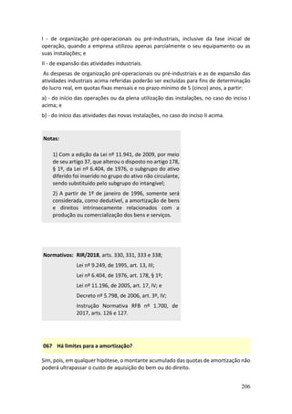 206
I - de organização pré-operacionais ou pré-industriais, inclusive da fase inicial de
operação, quando a empresa utilizou apenas parcialmente o seu equipamento ou as
suas instalações; e
II - de expansão das atividades industriais.
As despesas de organização pré-operacionais ou pré-industriais e as de expansão das
atividades industriais acima referidas poderão ser excluídas para fins de determinação
do lucro real, em quotas fixas mensais e no prazo mínimo de 5 (cinco) anos, a partir:
a) - do início das operações ou da plena utilização das instalações, no caso do inciso I
acima; e
b) - do início das atividades das novas instalações, no caso do inciso II acima.
Notas:
1) Com a edição da Lei nº 11.941, de 2009, por meio
de seu artigo 37, que alterou o disposto no artigo 178,
§ 1º, da Lei nº 6.404, de 1976, o subgrupo do ativo
diferido foi inserido no grupo do ativo não circulante,
sendo substituído pelo subgrupo do intangível;
2) A partir de 1º de janeiro de 1996, somente será
considerada, como dedutível, a amortização de bens
e direitos intrinsecamente relacionados com a
produção ou comercialização dos bens e serviços.
Normativos: RIR/2018, arts. 330, 331, 333 e 338;
Lei nº 9.249, de 1995, art. 13, III;
Lei nº 6.404, de 1976, art. 178, § 1º;
Lei nº 11.196, de 2005, art. 17, IV; e
Decreto nº 5.798, de 2006, art. 3º, IV;
Instrução Normativa RFB nº 1.700, de
2017, arts. 126 e 127.
067 Há limites para a amortização?
Sim, pois, em qualquer hipótese, o montante acumulado das quotas de amortização não
poderá ultrapassar o custo de aquisição do bem ou do direito.
 