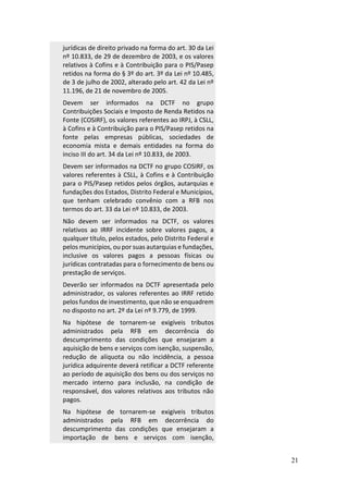 21
jurídicas de direito privado na forma do art. 30 da Lei
nº 10.833, de 29 de dezembro de 2003, e os valores
relativos à Cofins e à Contribuição para o PIS/Pasep
retidos na forma do § 3º do art. 3º da Lei nº 10.485,
de 3 de julho de 2002, alterado pelo art. 42 da Lei nº
11.196, de 21 de novembro de 2005.
Devem ser informados na DCTF no grupo
Contribuições Sociais e Imposto de Renda Retidos na
Fonte (COSIRF), os valores referentes ao IRPJ, à CSLL,
à Cofins e à Contribuição para o PIS/Pasep retidos na
fonte pelas empresas públicas, sociedades de
economia mista e demais entidades na forma do
inciso III do art. 34 da Lei nº 10.833, de 2003.
Devem ser informados na DCTF no grupo COSIRF, os
valores referentes à CSLL, à Cofins e à Contribuição
para o PIS/Pasep retidos pelos órgãos, autarquias e
fundações dos Estados, Distrito Federal e Municípios,
que tenham celebrado convênio com a RFB nos
termos do art. 33 da Lei nº 10.833, de 2003.
Não devem ser informados na DCTF, os valores
relativos ao IRRF incidente sobre valores pagos, a
qualquer título, pelos estados, pelo Distrito Federal e
pelos municípios, ou por suas autarquias e fundações,
inclusive os valores pagos a pessoas físicas ou
jurídicas contratadas para o fornecimento de bens ou
prestação de serviços.
Deverão ser informados na DCTF apresentada pelo
administrador, os valores referentes ao IRRF retido
pelos fundos de investimento, que não se enquadrem
no disposto no art. 2º da Lei nº 9.779, de 1999.
Na hipótese de tornarem-se exigíveis tributos
administrados pela RFB em decorrência do
descumprimento das condições que ensejaram a
aquisição de bens e serviços com isenção, suspensão,
redução de alíquota ou não incidência, a pessoa
jurídica adquirente deverá retificar a DCTF referente
ao período de aquisição dos bens ou dos serviços no
mercado interno para inclusão, na condição de
responsável, dos valores relativos aos tributos não
pagos.
Na hipótese de tornarem-se exigíveis tributos
administrados pela RFB em decorrência do
descumprimento das condições que ensejaram a
importação de bens e serviços com isenção,
 
