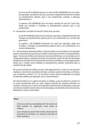 232
b) acima de R$ 15.000,00 (quinze mil reais) até R$ 100.000,00 (cem mil reais),
por operação, vencidos há mais de 1 (um) ano, independentemente de iniciados
os procedimentos judiciais para o seu recebimento, mantida a cobrança
administrativa; e
c) superior a R$ 100.000,00 (cem mil reais), vencidos há mais de 1 (um) ano,
desde que iniciados e mantidos os procedimentos judiciais para o seu
recebimento;
III - com garantia, vencidos há mais de 2 (dois) anos, de valor:
a) até R$ 50.000,00 (cinquenta mil reais) por operação, independentemente de
iniciados os procedimentos judiciais para o seu recebimento ou o arresto das
garantias; e
b) superior a R$ 50.000,00 (cinquenta mil reais) por operação, desde que
iniciados e mantidos os procedimentos judiciais para o seu recebimento ou o
arresto das garantias;
IV – contra devedor declarado falido ou pessoa jurídica em concordata ou recuperação
judicial, relativamente à parcela que exceder o valor que esta tenha se comprometido a
pagar. No caso de crédito com empresa em processo falimentar, em concordata ou em
recuperação judicial, a dedução da perda será admitida a partir da data da decretação
da falência ou do deferimento do processamento da concordata ou recuperação judicial,
desde que a credora tenha adotado os procedimentos judiciais necessários para o
recebimento do crédito.
No caso de contrato de crédito em que o não pagamento de 1 (uma) ou mais parcelas
implique o vencimento automático de todas as demais parcelas vincendas, os limites a
que se referem as alíneas “a” e “b” do inciso II, acima, serão considerados em relação
ao total dos créditos, por operação, com o mesmo devedor.
Para fins de efetuar-se o registro da perda, os créditos, a que se referem os incisos II e
III, serão considerados pelo seu valor original acrescido de reajustes previstos em
contrato, inclusive juros e outros encargos pelo financiamento da operação e eventuais
acréscimos moratórios decorrentes da não liquidação, considerados até a data da baixa,
deduzidos os valores amortizados.
Notas:
1) Para os contratos inadimplidos até 7 de outubro de
2014 poderão ser registrados como perda os
créditos:
a) em relação aos quais tenha havido a declaração de
insolvência do devedor, em sentença emanada do
Poder Judiciário;
 