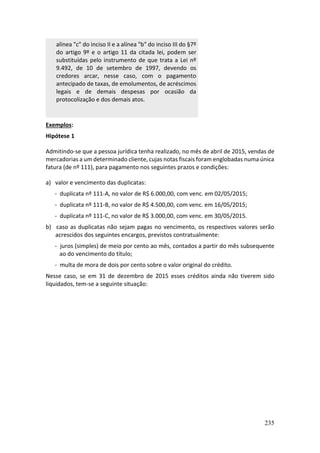 235
alínea "c" do inciso II e a alínea "b" do inciso III do §7º
do artigo 9º e o artigo 11 da citada lei, podem ser
substituídas pelo instrumento de que trata a Lei nº
9.492, de 10 de setembro de 1997, devendo os
credores arcar, nesse caso, com o pagamento
antecipado de taxas, de emolumentos, de acréscimos
legais e de demais despesas por ocasião da
protocolização e dos demais atos.
Exemplos:
Hipótese 1
Admitindo-se que a pessoa jurídica tenha realizado, no mês de abril de 2015, vendas de
mercadorias a um determinado cliente, cujas notas fiscais foram englobadas numa única
fatura (de nº 111), para pagamento nos seguintes prazos e condições:
a) valor e vencimento das duplicatas:
- duplicata nº 111-A, no valor de R$ 6.000,00, com venc. em 02/05/2015;
- duplicata nº 111-B, no valor de R$ 4.500,00, com venc. em 16/05/2015;
- duplicata nº 111-C, no valor de R$ 3.000,00, com venc. em 30/05/2015.
b) caso as duplicatas não sejam pagas no vencimento, os respectivos valores serão
acrescidos dos seguintes encargos, previstos contratualmente:
- juros (simples) de meio por cento ao mês, contados a partir do mês subsequente
ao do vencimento do título;
- multa de mora de dois por cento sobre o valor original do crédito.
Nesse caso, se em 31 de dezembro de 2015 esses créditos ainda não tiverem sido
liquidados, tem-se a seguinte situação:
 
